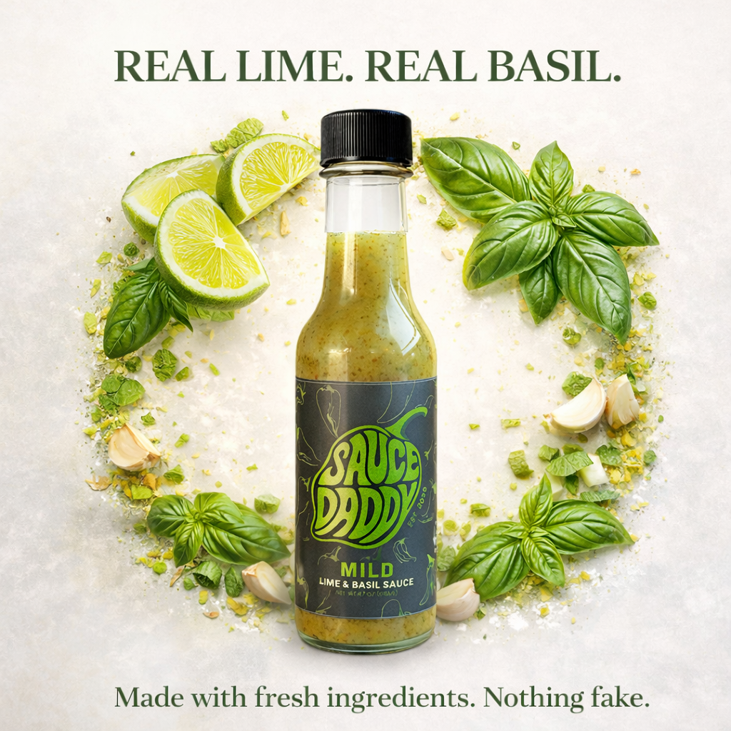 
                  
                    Sauce Daddy lime and basil sauce bottle surrounded by fresh ingredients on a light background
                  
                