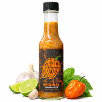 Sauce Daddy Original Pepper Sauce bottle with ingredients on a white background