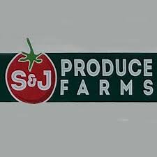 Logo of S&J Produce Farms with a tomato graphic on a green background